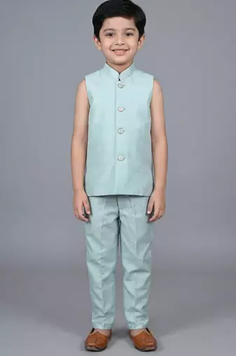 boys aqua blue satin sherwani trouser set with embroidered jacket