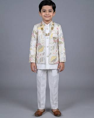boys off white satin sherwani trouser set with embroidered jacket 1