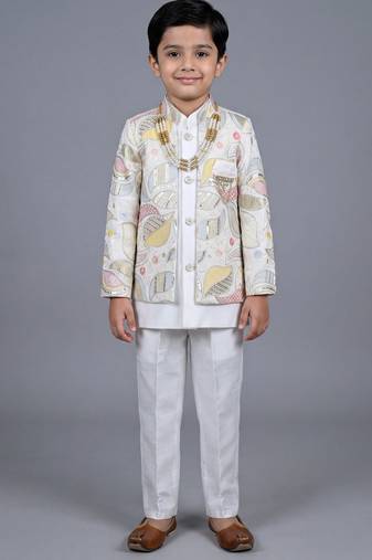 Boys off white satin leaf embroidered sequined sherwani & trouser set with jacket