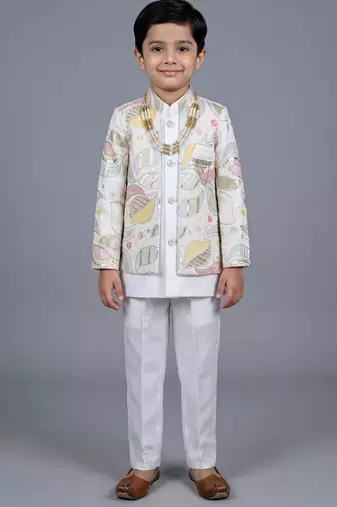 Boys off white satin leaf embroidered sequined sherwani & trouser set with jacket