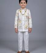 boys off white satin sherwani trouser set with embroidered jacket