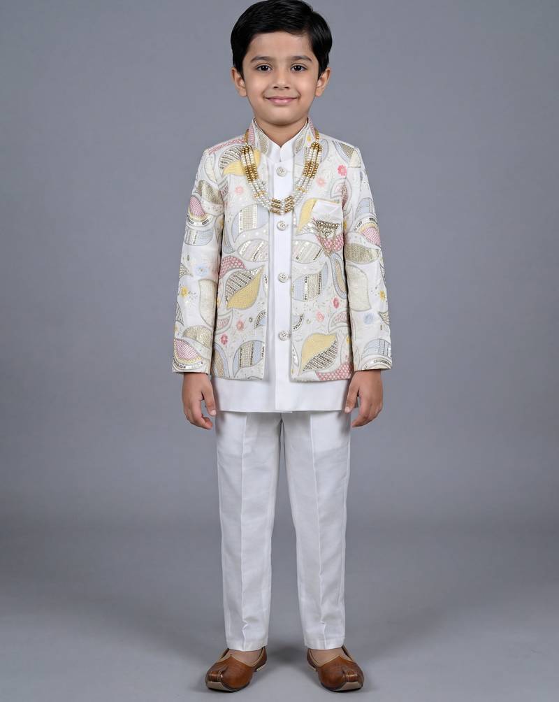 Boys off white satin leaf embroidered sequined sherwani & trouser set with jacket