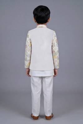 boys off white satin sherwani trouser set with embroidered jacket 2