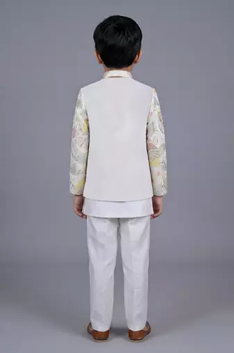 boys off white satin sherwani trouser set with embroidered jacket