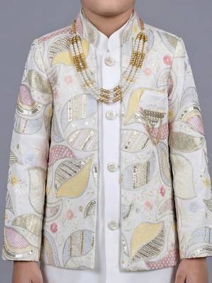 boys off white satin sherwani trouser set with embroidered jacket 3