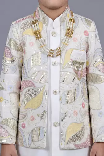 boys off white satin sherwani trouser set with embroidered jacket