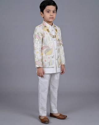 boys off white satin sherwani trouser set with embroidered jacket 4