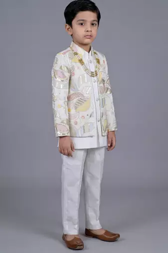boys off white satin sherwani trouser set with embroidered jacket