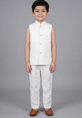boys off white satin sherwani trouser set with embroidered jacket 5