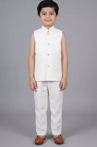 boys off white satin sherwani trouser set with embroidered jacket
