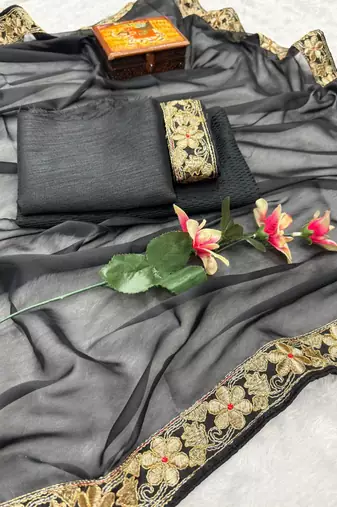 black color embroidery lace border work Rangoli silk saree