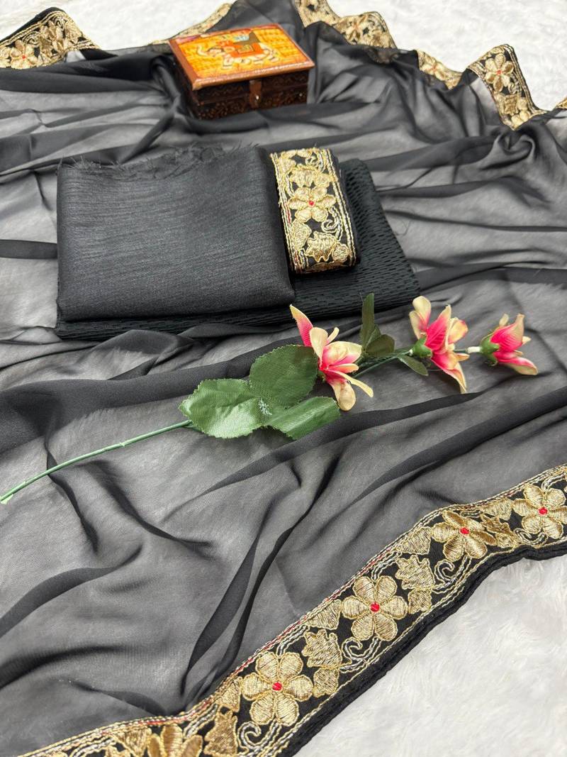 black color embroidery lace border work Rangoli silk saree