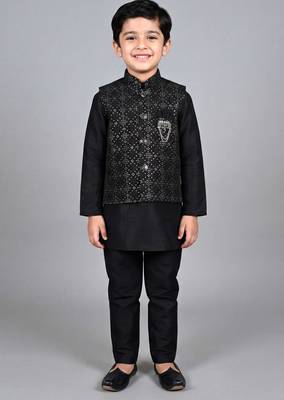 boys black cotton silk kurta pyjama set with waistcoat 1