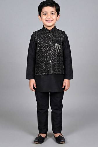 boys black cotton silk kurta pyjama set with waistcoat