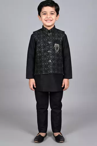 Boys black cotton silk kurta pyjama set with geometric sequined embroidered waistcoat