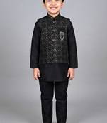 boys black cotton silk kurta pyjama set with waistcoat