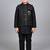 Boys black cotton silk kurta pyjama set with geometric sequined embroidered waistcoat