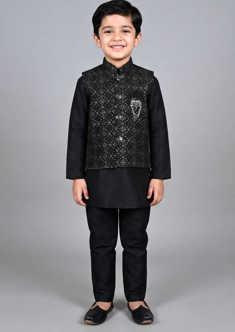 Boys black cotton silk kurta pyjama set with geometric sequined embroidered waistcoat