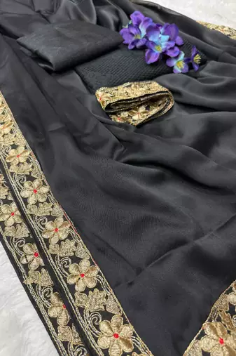 black color embroidery lace border work Rangoli art silk saree
