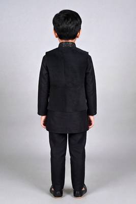 boys black cotton silk kurta pyjama set with waistcoat 2