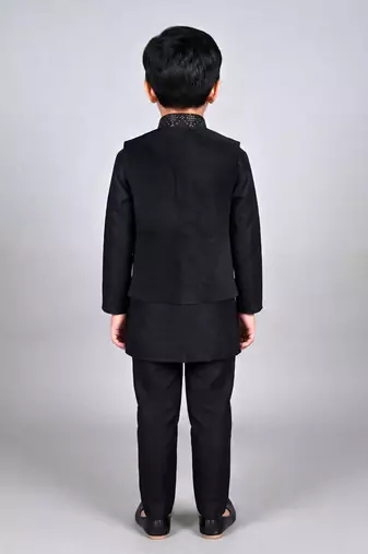 boys black cotton silk kurta pyjama set with waistcoat