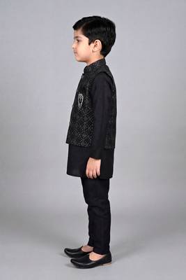 boys black cotton silk kurta pyjama set with waistcoat 4