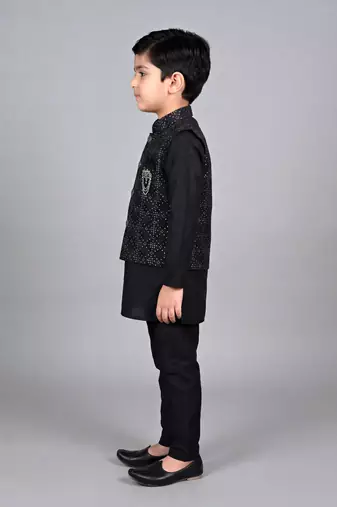 boys black cotton silk kurta pyjama set with waistcoat