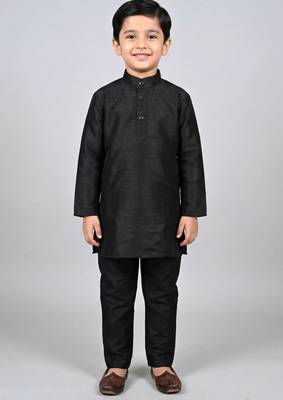 boys black cotton silk kurta pyjama set with waistcoat 5