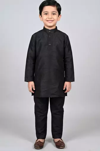 boys black cotton silk kurta pyjama set with waistcoat