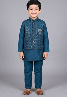 boys teal blue cotton silk kurta pyjama set with waistcoat 1
