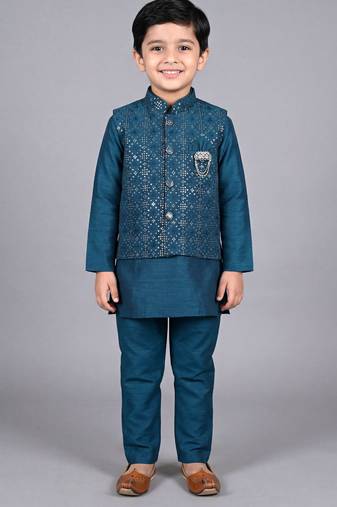 Boys teal blue cotton silk kurta pyjama set with geometric sequined embroidered waistcoat