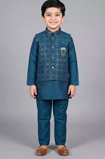 Boys teal blue cotton silk kurta pyjama set with geometric sequined embroidered waistcoat