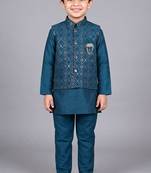 boys teal blue cotton silk kurta pyjama set with waistcoat