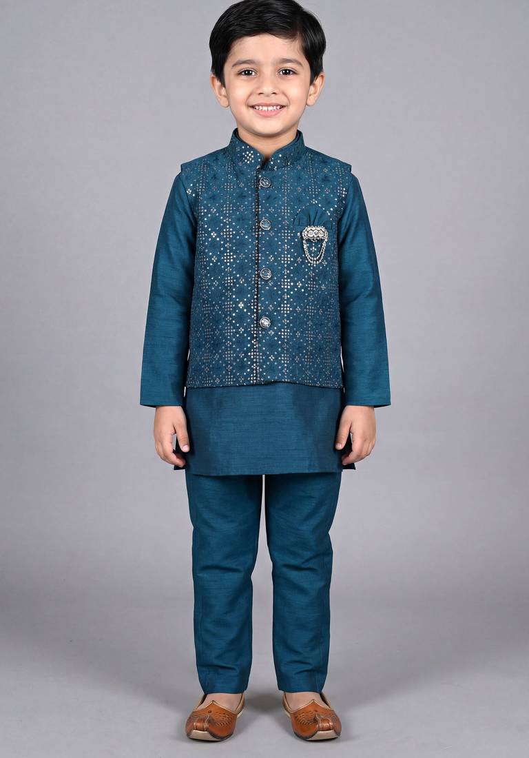 Boys teal blue cotton silk kurta pyjama set with geometric sequined embroidered waistcoat