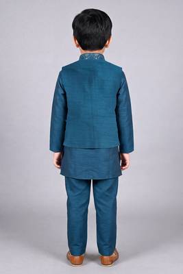 boys teal blue cotton silk kurta pyjama set with waistcoat 2