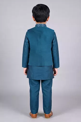 boys teal blue cotton silk kurta pyjama set with waistcoat