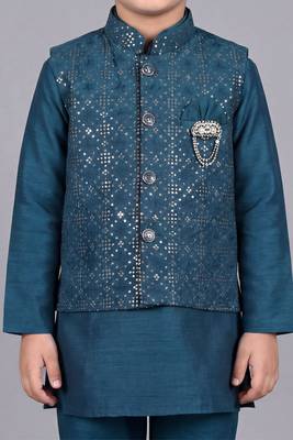boys teal blue cotton silk kurta pyjama set with waistcoat 3