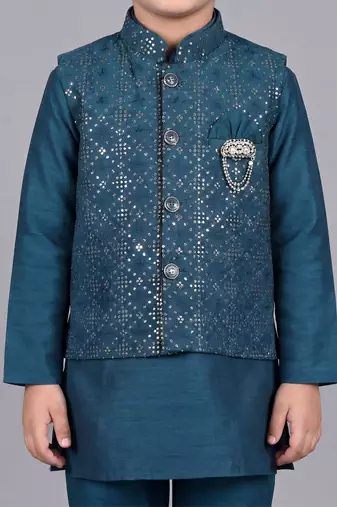 boys teal blue cotton silk kurta pyjama set with waistcoat