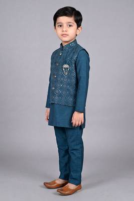 boys teal blue cotton silk kurta pyjama set with waistcoat 4