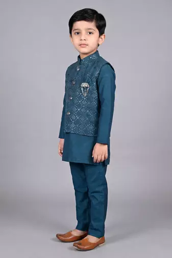 boys teal blue cotton silk kurta pyjama set with waistcoat