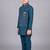 Boys teal blue cotton silk kurta pyjama set with geometric sequined embroidered waistcoat