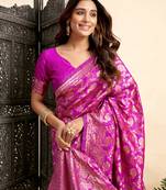 Pink soft silk blend banarasi jacuard work designer party wear saree with unstitched blouse piece