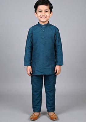 boys teal blue cotton silk kurta pyjama set with waistcoat 5