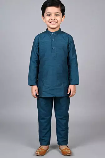 boys teal blue cotton silk kurta pyjama set with waistcoat