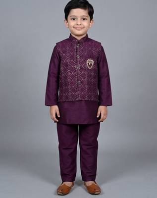 boys wine cotton silk kurta pyjama set with waistcoat 1