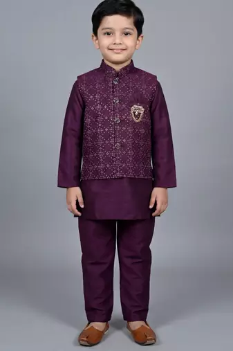 Boys wine cotton silk kurta pyjama set with geometric sequined embroidered waistcoat