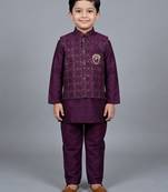 boys wine cotton silk kurta pyjama set with waistcoat