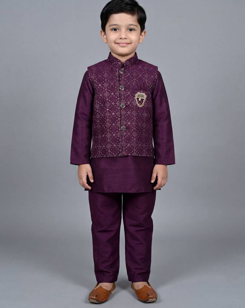 Boys wine cotton silk kurta pyjama set with geometric sequined embroidered waistcoat