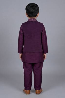 boys wine cotton silk kurta pyjama set with waistcoat 2