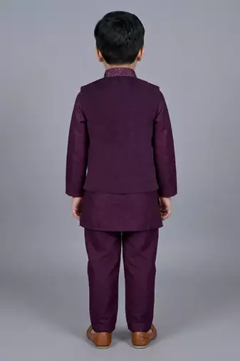 boys wine cotton silk kurta pyjama set with waistcoat